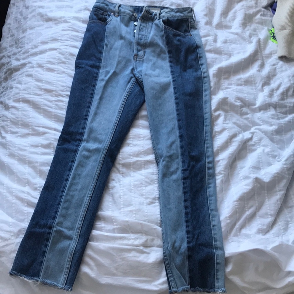Mom jeans different pattern, ripped on the bottom